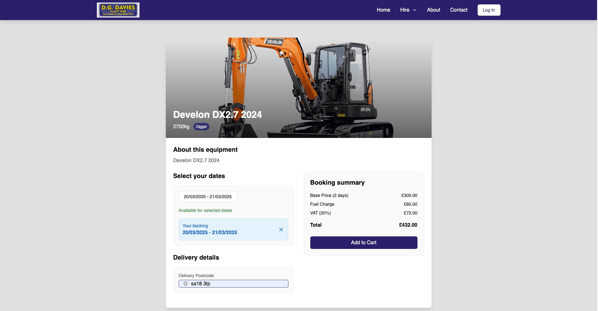 DG Davies Plant Hire equipment listing screenshot